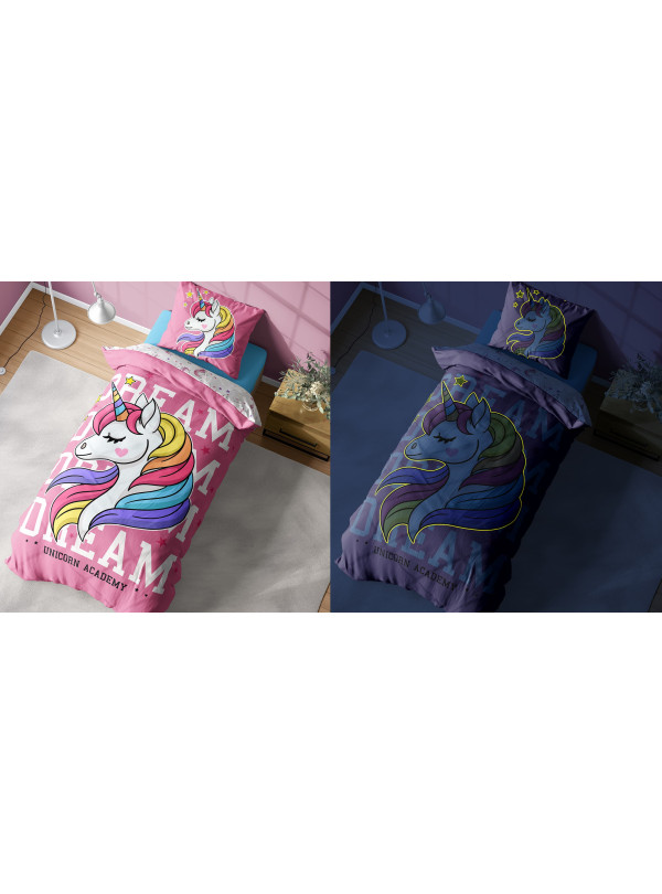 POŚCIEL 140x200 ŚWIECĄCA W CIEMNOŚCI JEDNOROŻEC RÓZÓWA 4235_A