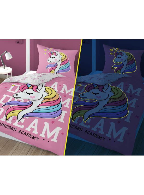 POŚCIEL 160x200 ŚWIECĄCA W CIEMNOŚCI JEDNOROŻEC RÓZÓWA 4235_A