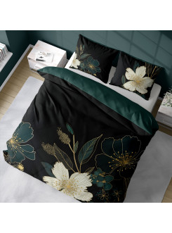 POŚCIEL BAWEŁNIANA 160x200 CZARNO ZIELONA KWIATY