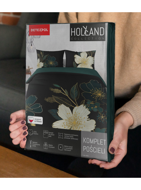 POŚCIEL BAWEŁNIANA 160x200 CZARNO ZIELONA KWIATY