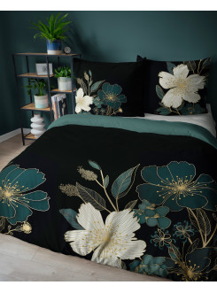POŚCIEL BAWEŁNIANA 160x200 CZARNO ZIELONA KWIATY 2