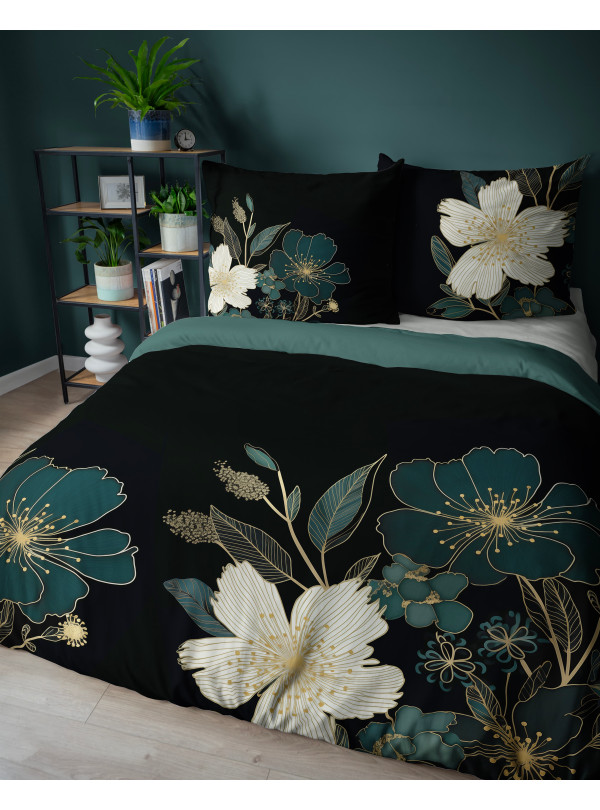 POŚCIEL BAWEŁNIANA 160x200 CZARNO ZIELONA KWIATY