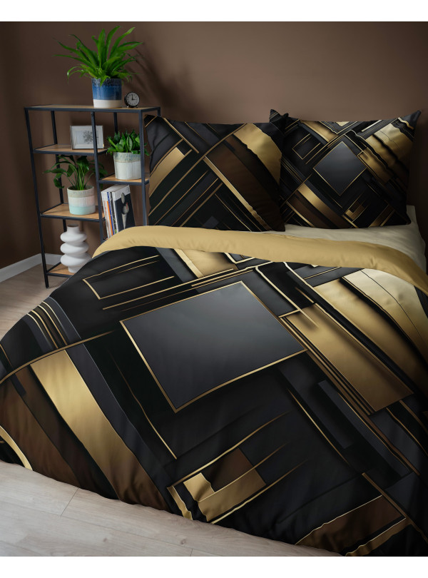POŚCIEL BAWEŁNIANA 160x200 CZARNO ZŁOTA GEOMETRYCZNA