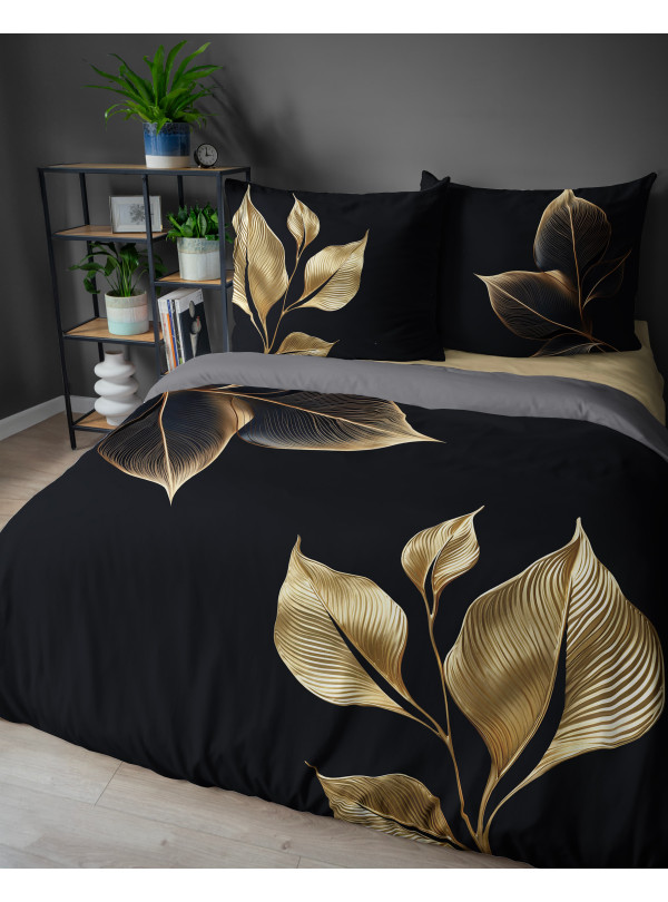 POŚCIEL BAWEŁNIANA 160x200 CZARNO RUDA LIŚCIE