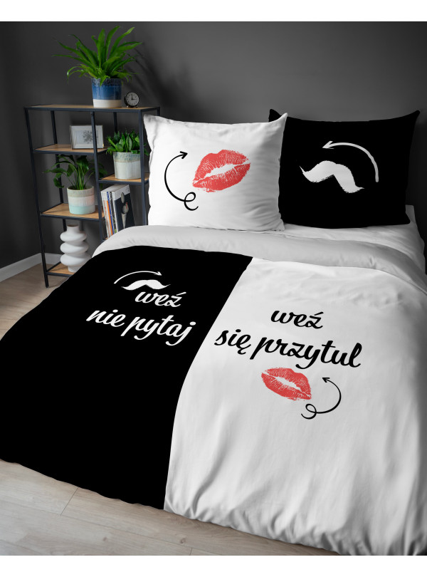 POŚCIEL BAWEŁNIANA 200x220 WEŹ NIE PYTAJ WEŹ SIĘ PRZYTUL BIAŁO CZARNA