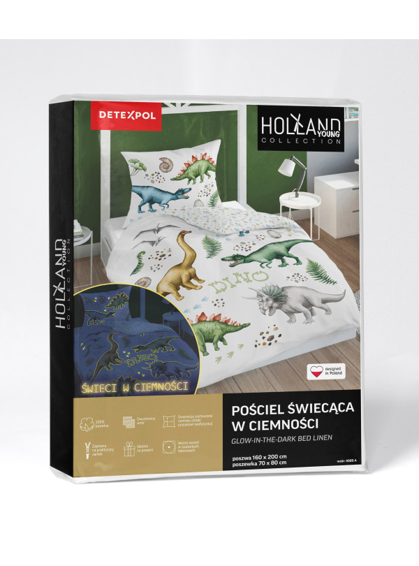 POŚCIEL 140x200 ŚWIECĄCA W CIEMNOŚCI DINOZAURY TYRANOZAUR TRICERATOPS