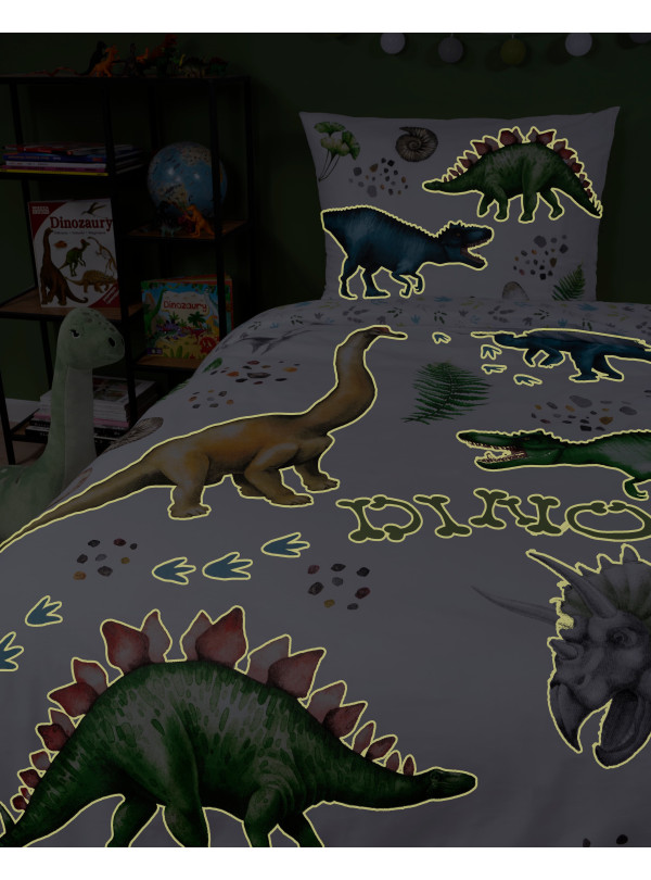 POŚCIEL 140x200 ŚWIECĄCA W CIEMNOŚCI DINOZAURY TYRANOZAUR TRICERATOPS