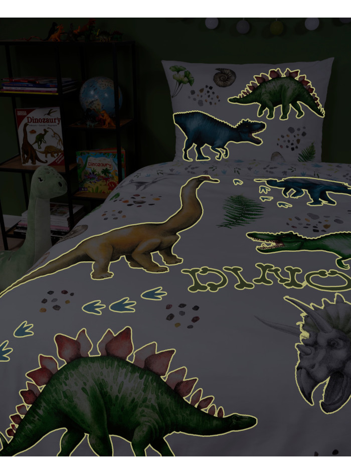 POŚCIEL 140x200 ŚWIECĄCA W CIEMNOŚCI DINOZAURY TYRANOZAUR TRICERATOPS