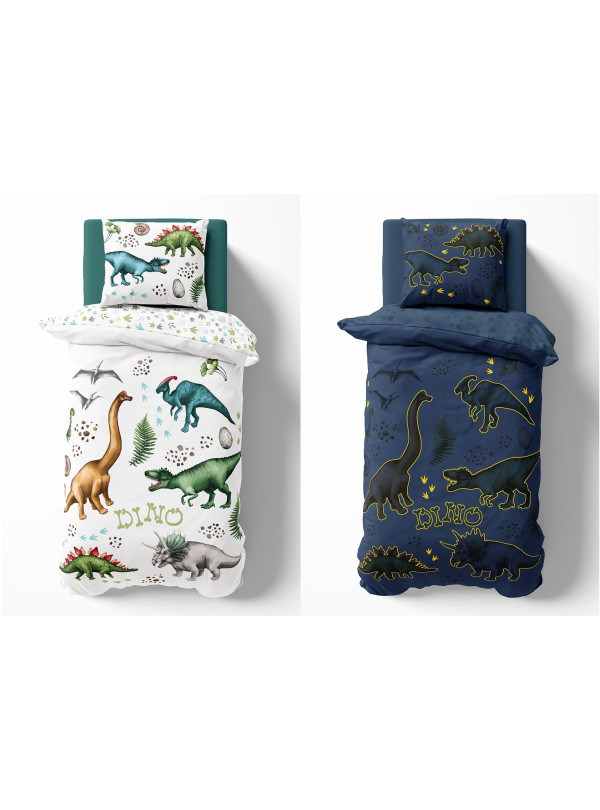 POŚCIEL 140x200 ŚWIECĄCA W CIEMNOŚCI DINOZAURY TYRANOZAUR TRICERATOPS