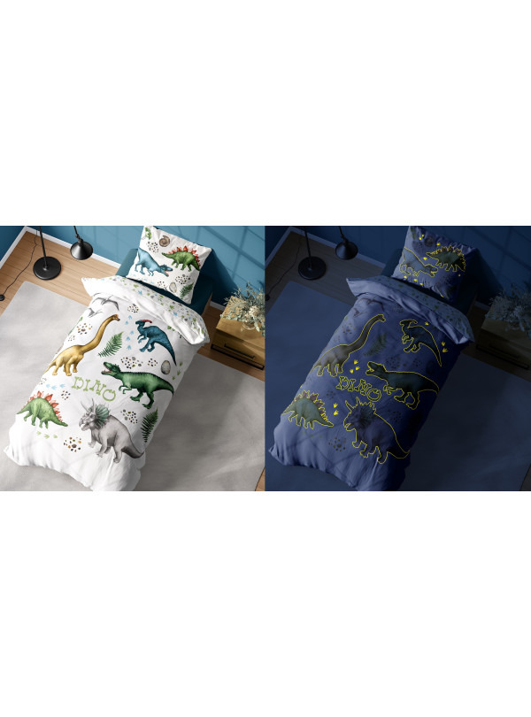 POŚCIEL 140x200 ŚWIECĄCA W CIEMNOŚCI DINOZAURY TYRANOZAUR TRICERATOPS
