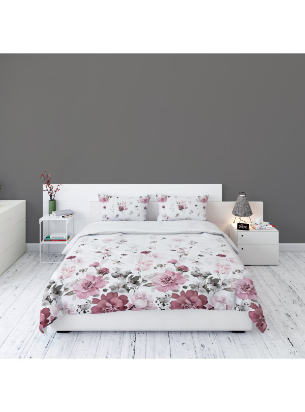 POŚCIEL FLANELOWA 200x220 BIAŁA W RÓŻOWE KWIATY