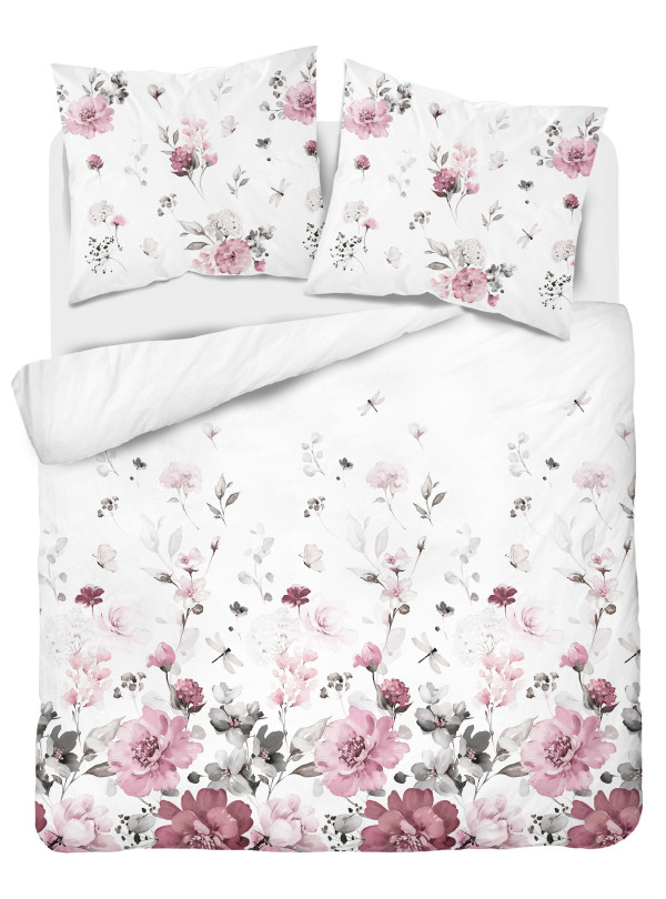 POŚCIEL FLANELOWA 200x220 BIAŁA W RÓŻOWE KWIATY