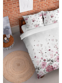 POŚCIEL FLANELOWA 200x220 BIAŁA W RÓŻOWE KWIATY