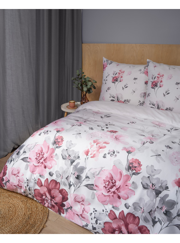 POŚCIEL FLANELOWA 200x220 BIAŁA W RÓŻOWE KWIATY