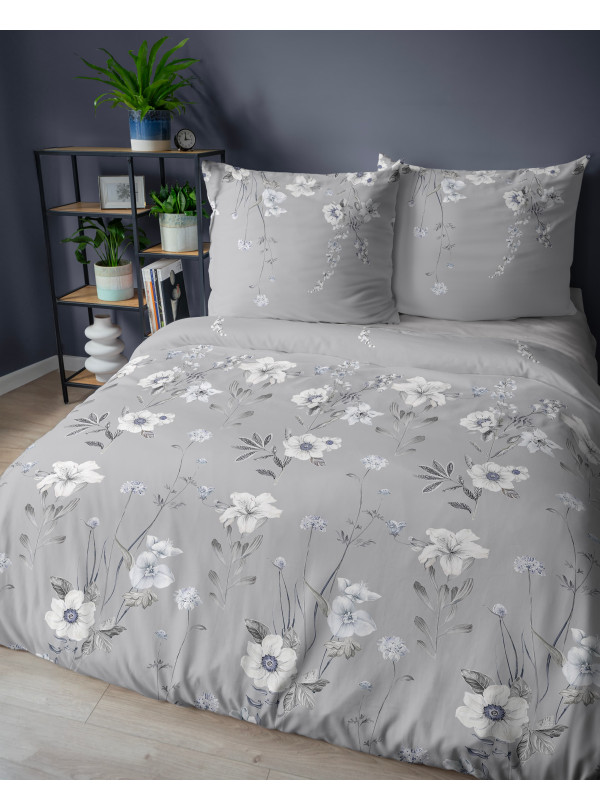 POŚCIEL BAWEŁNIANA 180x200 SZARA W KWIATY