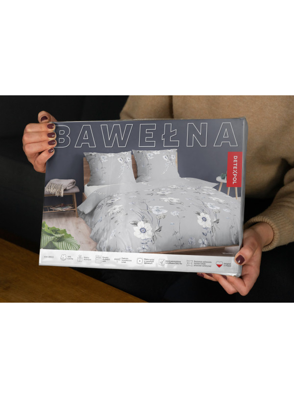 POŚCIEL BAWEŁNIANA 180x200 SZARA W KWIATY
