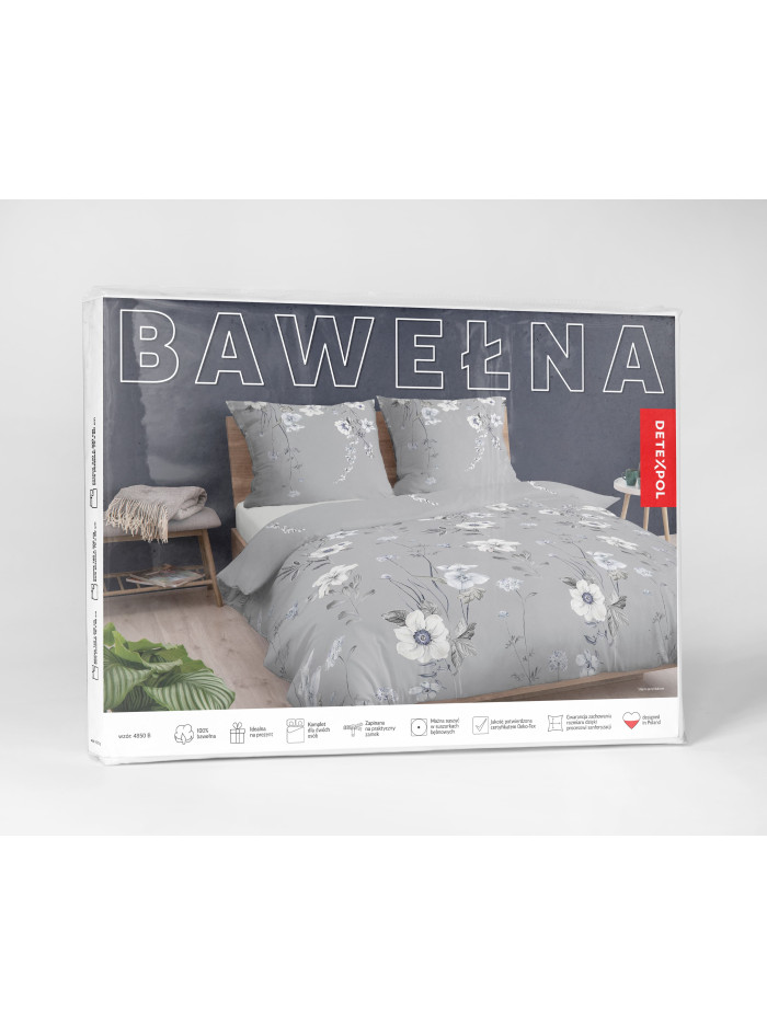 POŚCIEL BAWEŁNIANA 180x200 SZARA W KWIATY