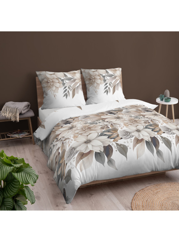 POŚCIEL BAWEŁNIANA 180x200 BIAŁA W KWIATY BEŻ