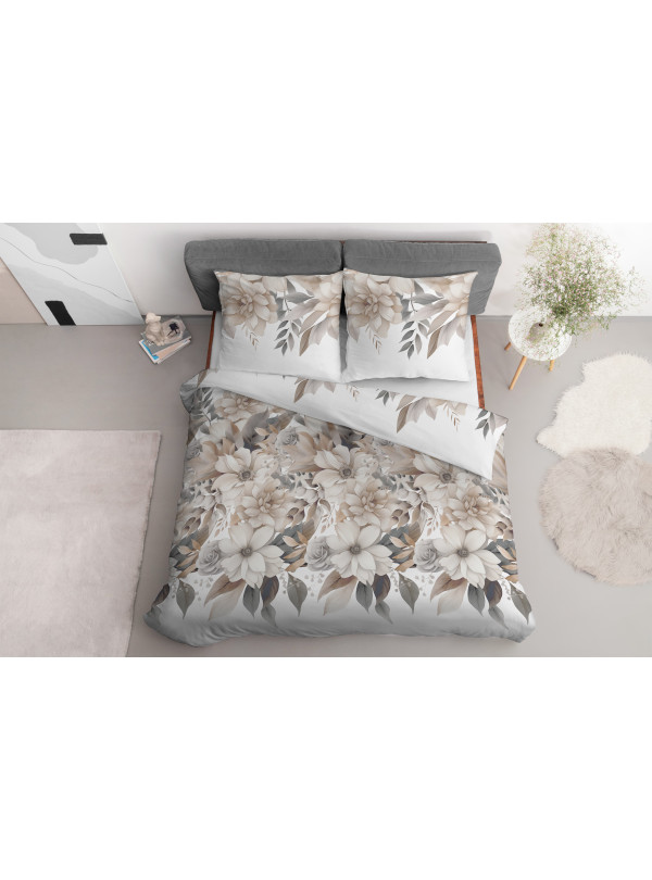 POŚCIEL BAWEŁNIANA 180x200 BIAŁA W KWIATY BEŻ