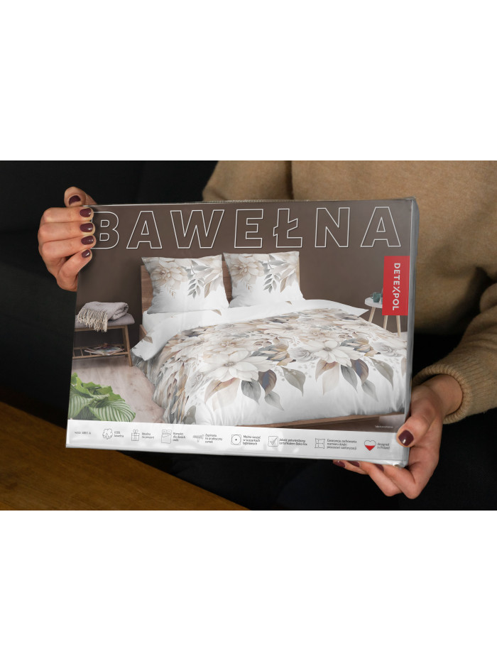 POŚCIEL BAWEŁNIANA 180x200 BIAŁA W KWIATY BEŻ