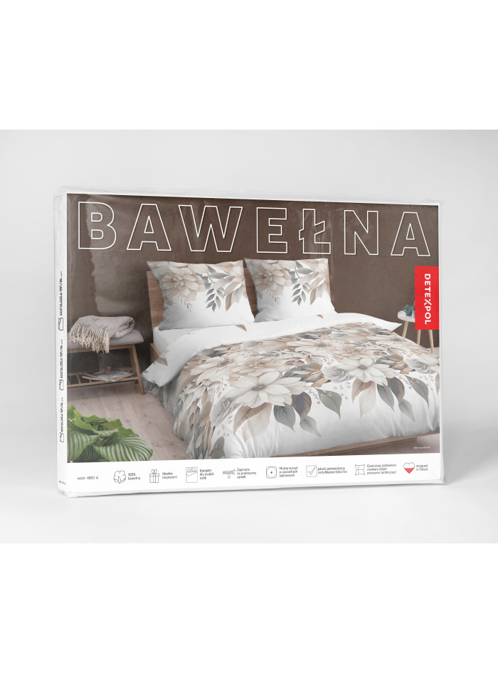 POŚCIEL BAWEŁNIANA 180x200 BIAŁA W KWIATY BEŻ