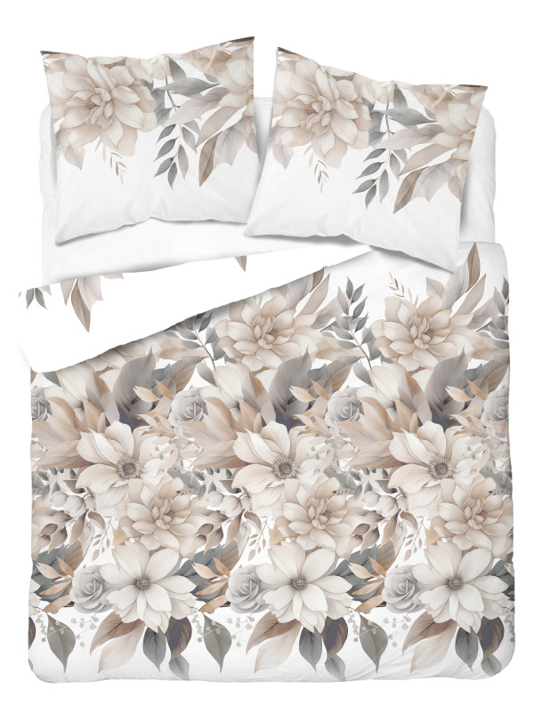 POŚCIEL BAWEŁNIANA 180x200 BIAŁA W KWIATY BEŻ