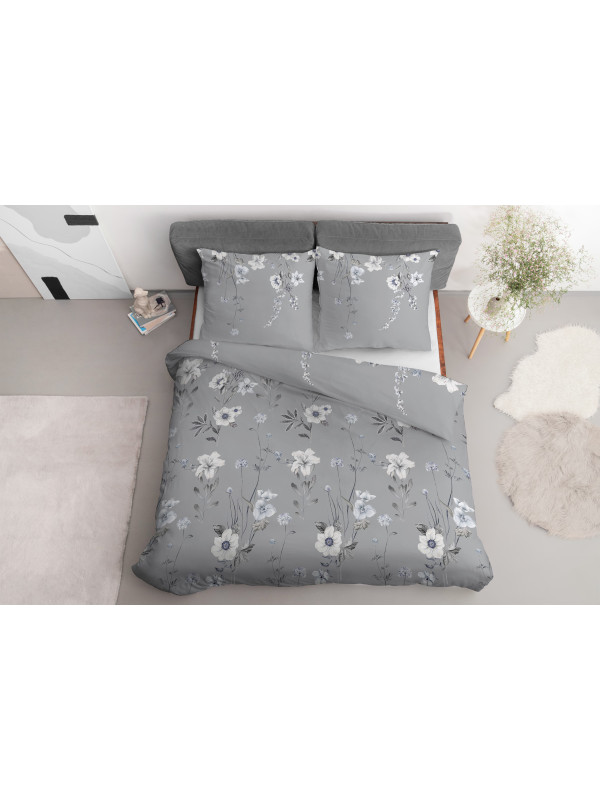 POŚCIEL BAWEŁNIANA 200x220 SZARA W KWIATY