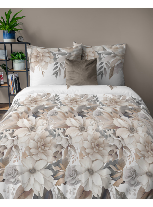 POŚCIEL BAWEŁNIANA 200x220 BIAŁA W KWIATY BEŻ