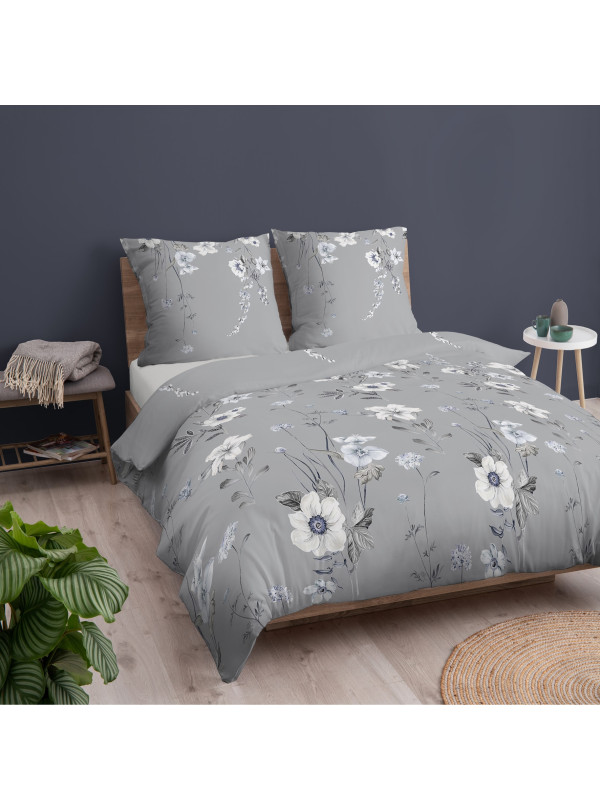 POŚCIEL BAWEŁNIANA 160x200 SZARA W KWIATY