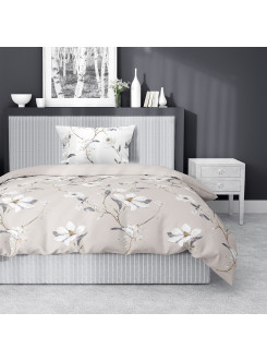 POŚCIEL SATYNA BAWEŁNIANA 140x200 BEŻOWA W BIAŁE KWIATY 4070_C