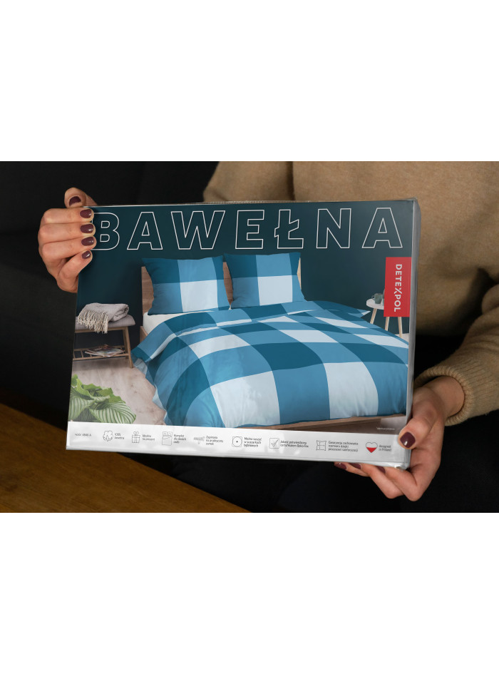 POŚCIEL BAWEŁNIANA 200x220 NIEBIESKA W KRATĘ 4846_A