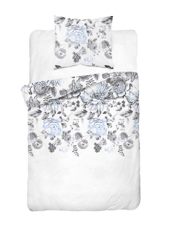 POŚCIEL BAWEŁNIANA 140x200 BIAŁA W KWIATY NIEBIESKA