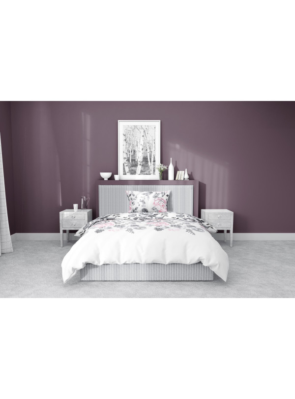 POŚCIEL BAWEŁNIANA 140x200 BIAŁA W KWIATY RÓŻOWA