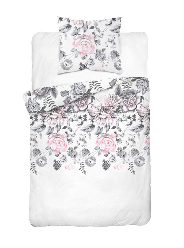 POŚCIEL BAWEŁNIANA 140x200 BIAŁA W KWIATY RÓŻOWA