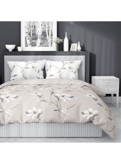 POŚCIEL SATYNA BAWEŁNIANA 160x200 BEŻOWA W BIAŁE KWIATY 4070_C