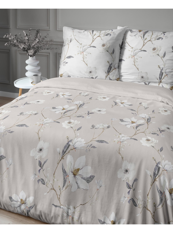 POŚCIEL SATYNA BAWEŁNIANA 160x200 BEŻOWA W BIAŁE KWIATY 4070_C