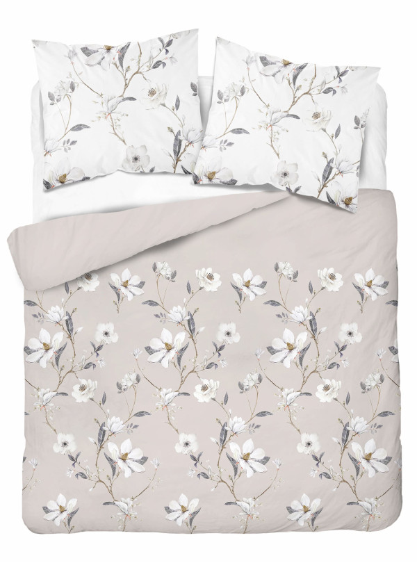 POŚCIEL SATYNA BAWEŁNIANA 160x200 BEŻOWA W BIAŁE KWIATY 4070_C