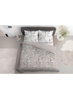 POŚCIEL SATYNA BAWEŁNIANA 160x200 BEŻOWA W BIAŁE KWIATY 4070_C 2