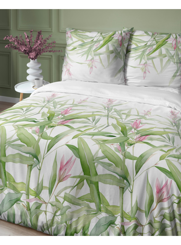 POŚCIEL SATYNA BAWEŁNIANA 200x220 LIŚCIE RÓŻOWE KWIATY 4922_A