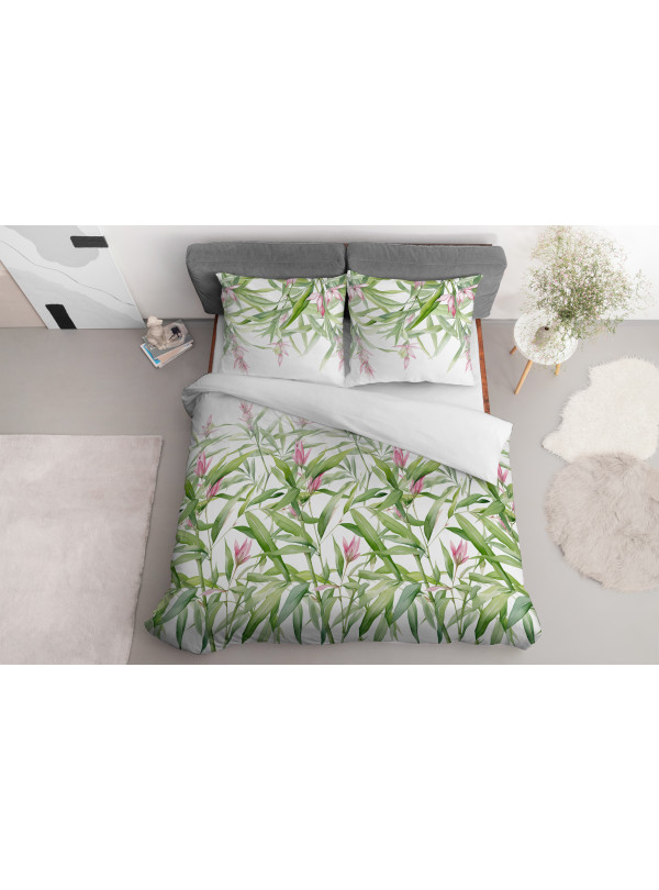 POŚCIEL SATYNA BAWEŁNIANA 200x220 LIŚCIE RÓŻOWE KWIATY 4922_A