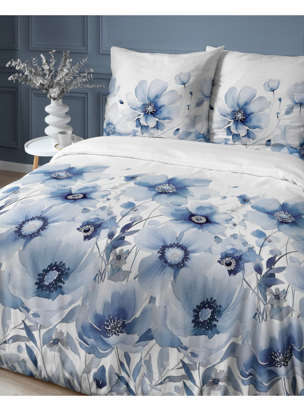POŚCIEL SATYNA BAWEŁNIANA 200x220 NIEBIESKIE KWIATY 4923_A