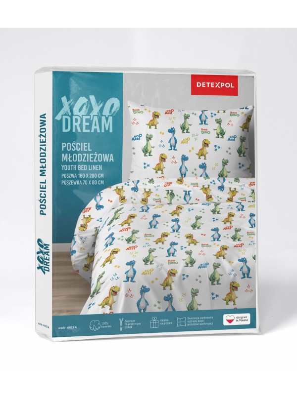 POŚCIEL MŁODZIEŻOWA 140x200 BIAŁA SUPER DINO DINOZAURY