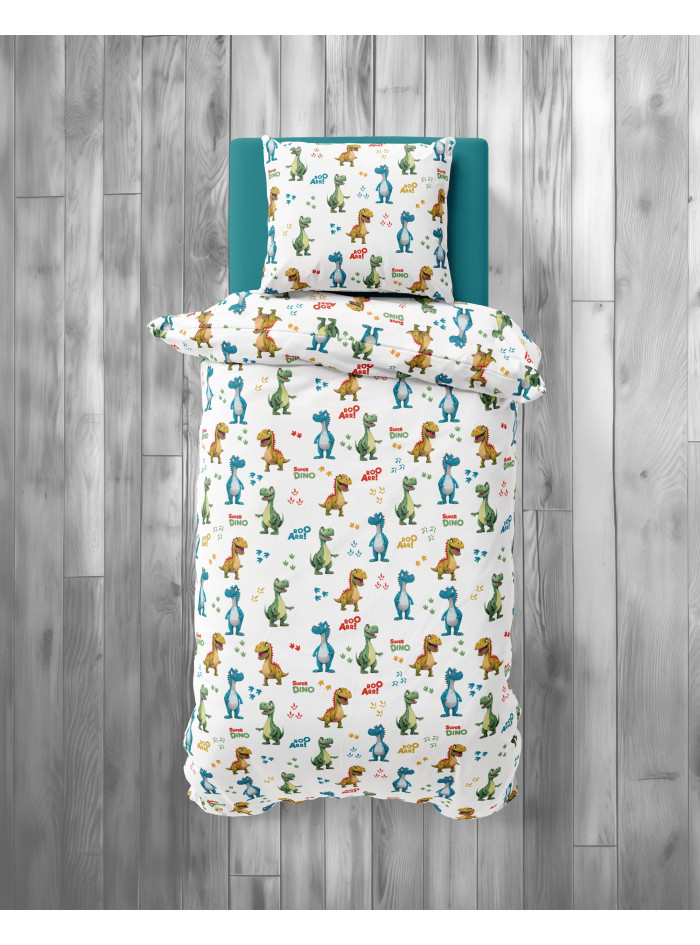 POŚCIEL MŁODZIEŻOWA 140x200 BIAŁA SUPER DINO DINOZAURY