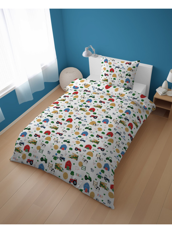 POŚCIEL MŁODZIEŻOWA 160x200 BIAŁA FARMA TRAKTOR