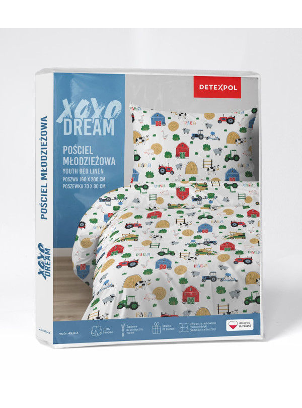 POŚCIEL MŁODZIEŻOWA 140x200 BIAŁA FARMA TRAKTOR