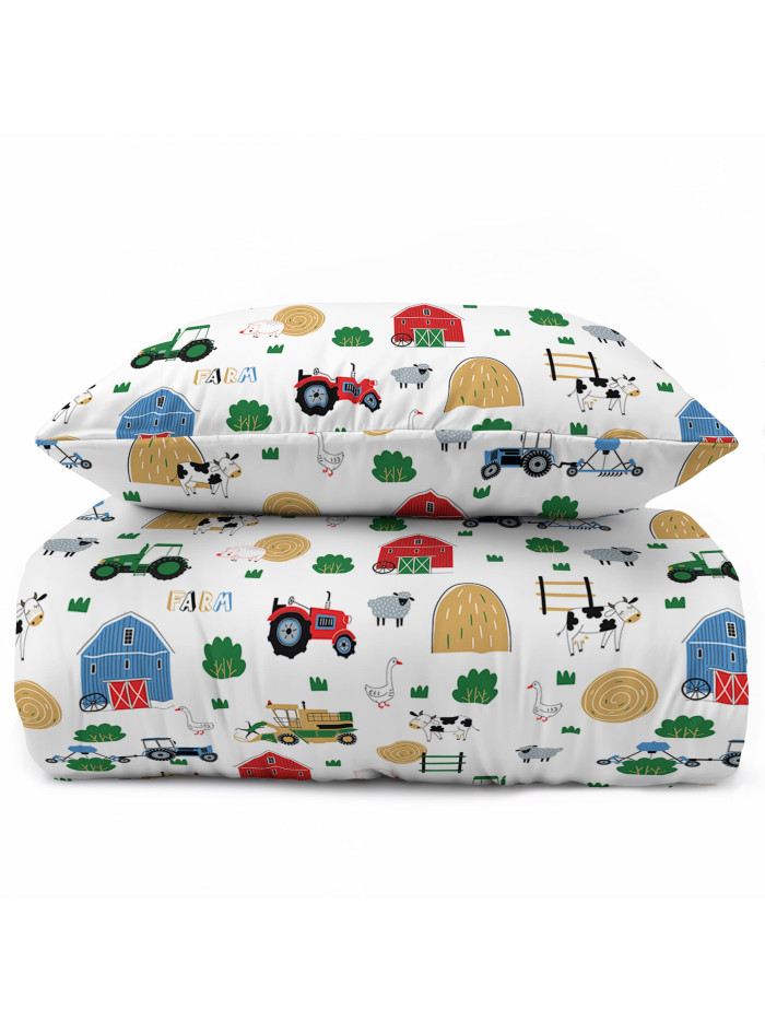POŚCIEL MŁODZIEŻOWA 140x200 BIAŁA FARMA TRAKTOR