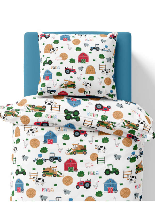POŚCIEL MŁODZIEŻOWA 140x200 BIAŁA FARMA TRAKTOR