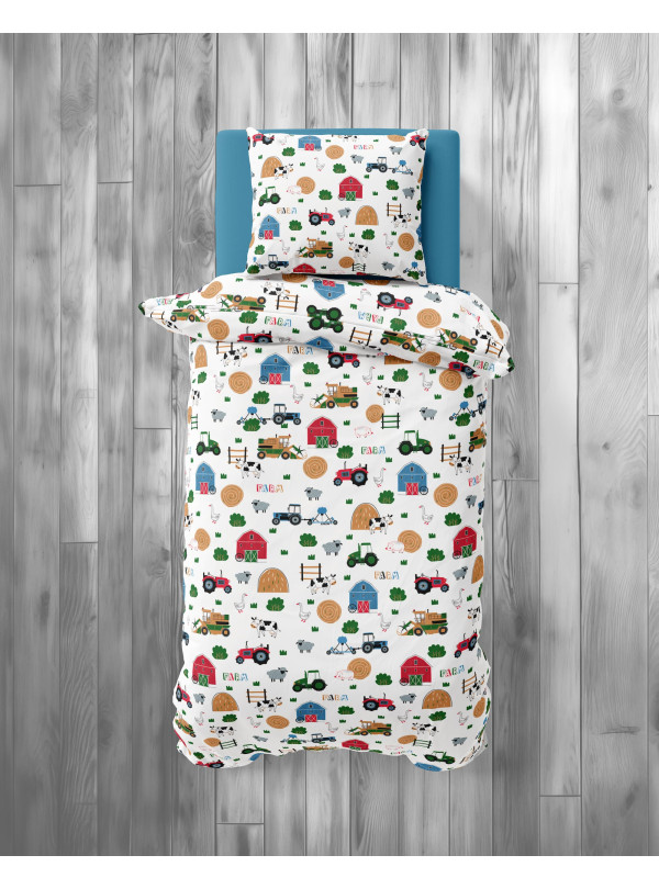 POŚCIEL MŁODZIEŻOWA 140x200 BIAŁA FARMA TRAKTOR