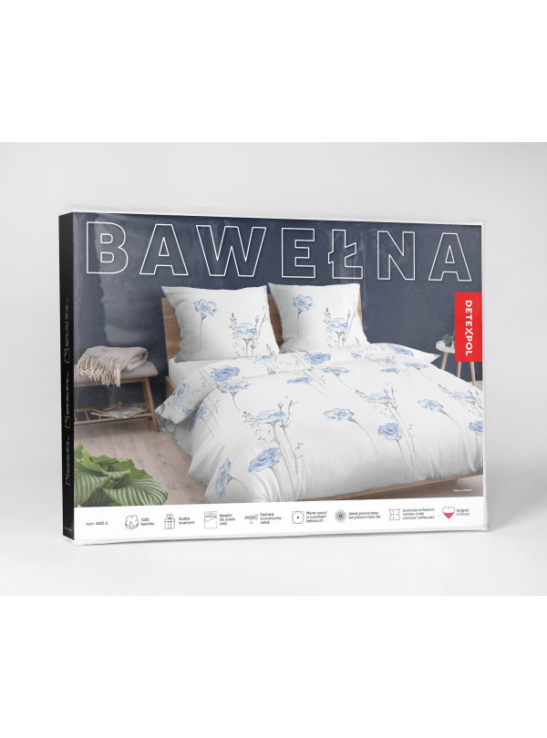 POŚCIEL BAWEŁNIANA 200x220 BIAŁA W NIEBIESKIE KWIATY 4460_A