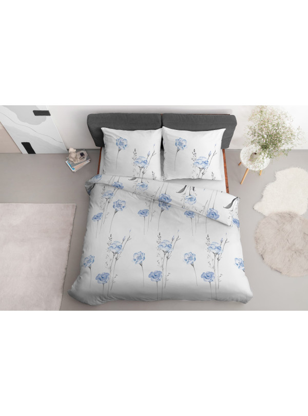 POŚCIEL BAWEŁNIANA 200x220 BIAŁA W NIEBIESKIE KWIATY 4460_A